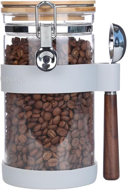 KKC HOME ACCENTS Airtight Clear Glass Coffee Bean Storage Container with Scoop,Glass Sealed Jar Canister with Bamboo Clamp Lid for Ground Coffee,Loose Tea,Brown Sugar,Nut,40 Fluid Ounce