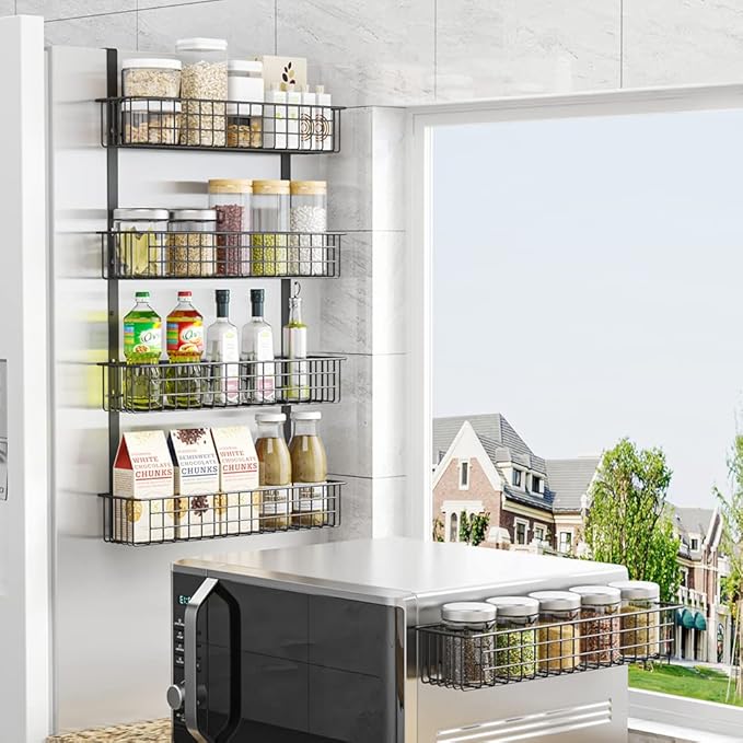 4 Tier Magnetic Spice Rack | Strongly Magnetic Spice Shelf with Utility Hooks | Refrigerator Spice Storage | Kitchen Storage Rack for Placing Seasoning Bottles, Plastic Wraps or Garbage Bags (Black)