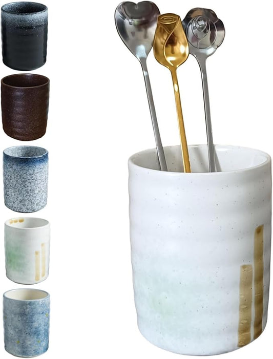 Stoneware Coffee Spoon Holder for Coffee Bar Accessories, Tea Spoon Holder Jar Teaspoon Holder Coffee Stirrers Holder Coffee Spoon Cup, Coffee Stir Stick Holder Small Utensil Holder (Spring Sprout)