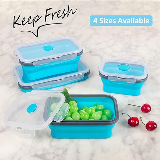 Collapsible Food Storage Containers with Airtight Lid & Air Vent, 4 Sizes, Kitchen Stacking Silicone Collapsible Meal Prep Container Set for Leftover, Microwave Freezer Dishwasher Safe, Blue, Set of 4
