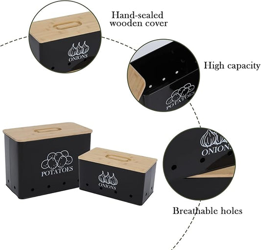 Potato Onion Kitchen Storage Canisters,Storage Bin For Kitchen 2 Pack Set,potatoe, Potato Storage Box，storage And Long Shelf Life With Aerating Tin Storage Holes-Black