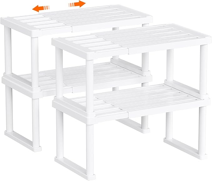 Lifewit Cabinet Shelf Organizer, Expandable Countertop Kitchen Shelves, Plastic Shelf Riser for Pantry Kitchen Storage and Spice Rack, Set of 4, White