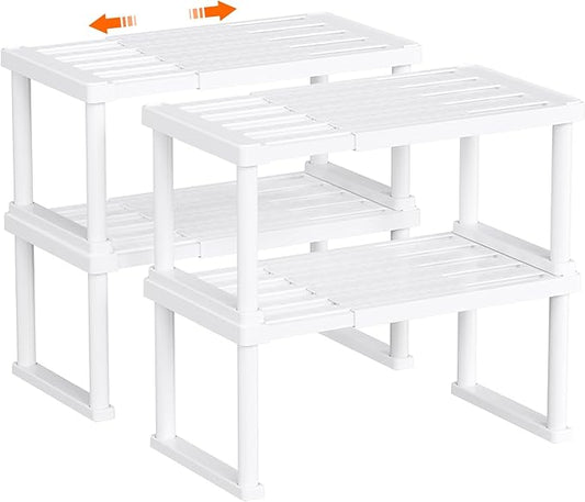 Lifewit Cabinet Shelf Organizer, Expandable Countertop Kitchen Shelves, Plastic Shelf Riser for Pantry Kitchen Storage and Spice Rack, Set of 4, White