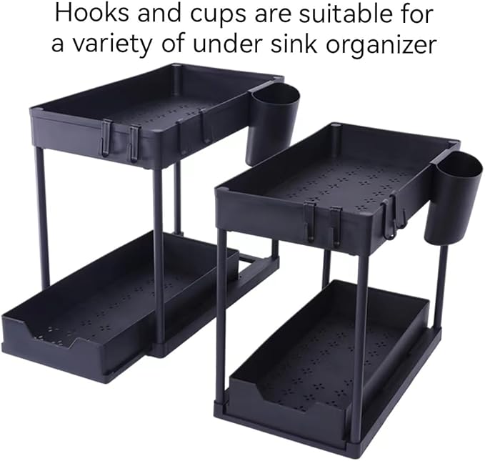 2PC Under Sink Organizer with Hanging Cups - 2 Tier Metal Under Sliding Cabinet Organizer Drawer with 4 Hooks for Bathroom Pantry Cabinet Rack Black