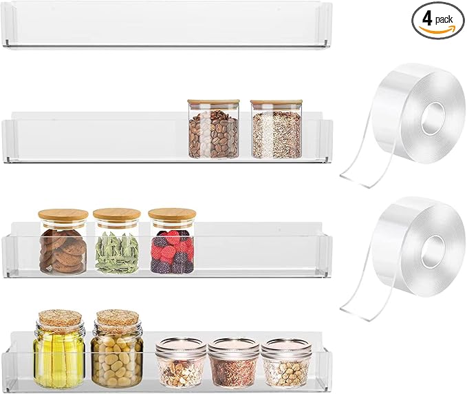 VAEHOLD Adhesive Acrylic Spice Rack with 2 Nano Double Sided Tape Wall Mount Organizer for Bathroom Clear Wall Spice Rack With Shelf Ends for Kitchen Cabinet Door - 4 Pack