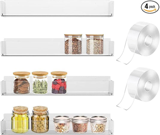 VAEHOLD Adhesive Acrylic Spice Rack with 2 Nano Double Sided Tape Wall Mount Organizer for Bathroom Clear Wall Spice Rack With Shelf Ends for Kitchen Cabinet Door - 4 Pack