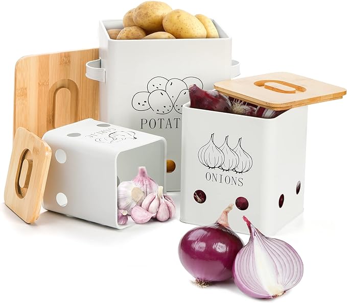 WUWEOT 3 Pack Vegetable Storage Tins, Metal Onion Garlic Potato Jars Set, Kitchen Canisters Vegetable Keeper Containers with Aerating Holes and Wooden Lid