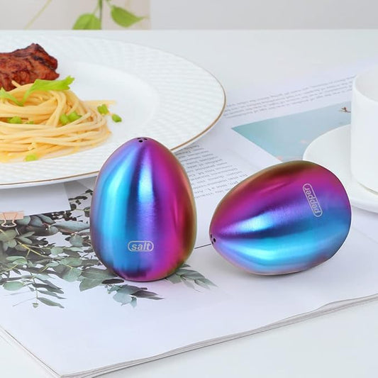 Rainbow Stainless Steel Egg Shaped Salt Pepper Shaker Set Salt & Pepper Dispenser 2 Pieces salt shakers for Kitchen (Rainbow)