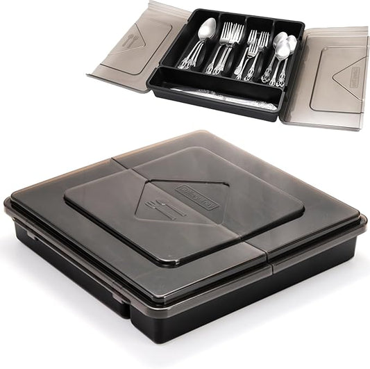 Dicuny Silverware Organizer with Lid, Covered Utensil Drawer Organizer Tray for Kitchen, 5 Compartments Plastic Black Cutlery Flatware Storage Box for Spoons Forks Knives, Office, RV, Countertop