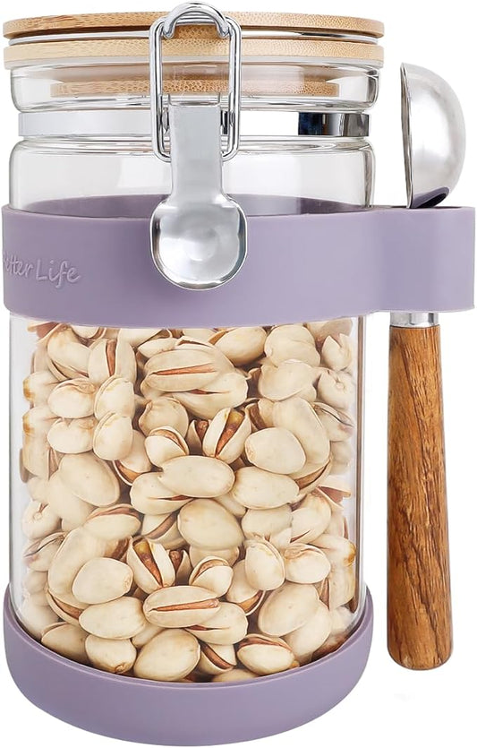 KKC HOME ACCENTS Airtight Borosilicate Glass Canister with Clamp Lid & Scoop,Sealed Glass Nut Storage Container,Dried Fruit Jar for Cocoa,Peanut,Pecan,Walnut,Kitchen & Pantry Organization - 40 Fl.Oz