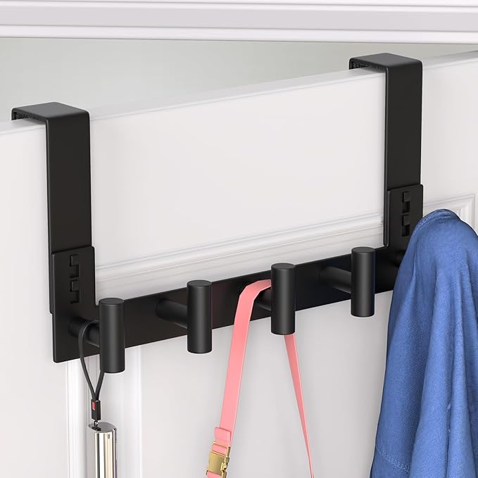 WUIVIUT Over The Door Hooks Door Hanger for Hanging, Heavy Duty Rack Bathroom Hook for Clothes, Coat (5 Hook, Fits 1-3/4'' Thick)