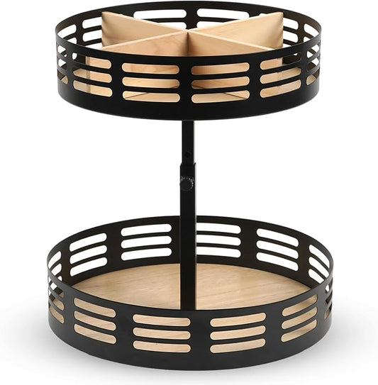 Lazy Susan Organizer,4 Adjustable Heights Lazy Susan Turntable for Cabinet,2-Tier Snack Organizer for Pantry Shelf,Rotating Spice Rack,Wood Condiment Seasoning Organizer for Spices, Makeup,Snack