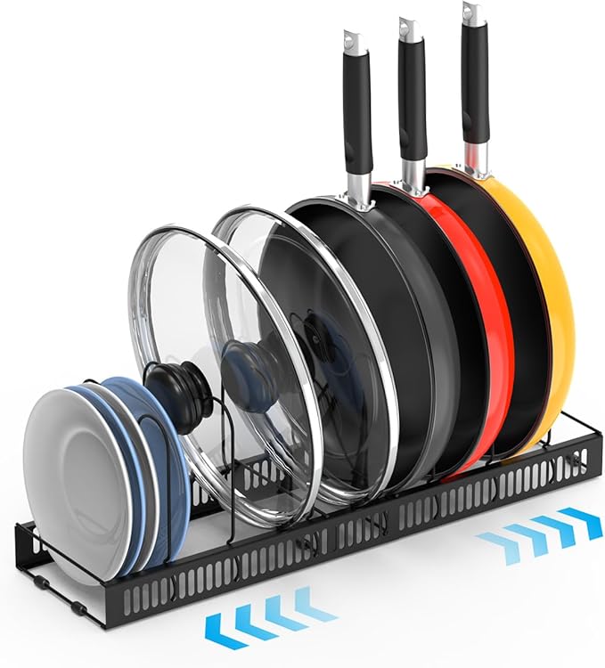 Pot Rack Expandable Pan Organizer for Cabinet, Lid Holder with 10 Adjustable Compartment for Kitchen Cabinet Cookware Baking Frying Rack