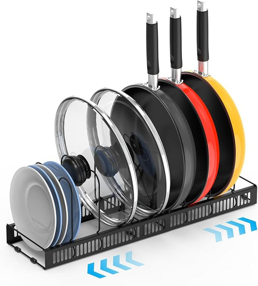 Pot Rack Expandable Pan Organizer for Cabinet, Lid Holder with 10 Adjustable Compartment for Kitchen Cabinet Cookware Baking Frying Rack
