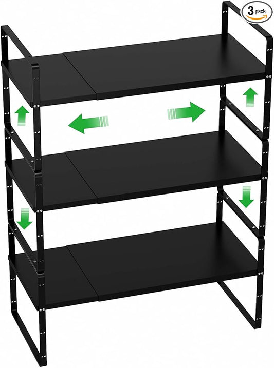 Cabinet Organizer Shelf Expandable Spice Rack Stackable Storage Shelves for Kitchen Pantry Counter Bathroom Home Office,3 Packs,8.07" D,Black