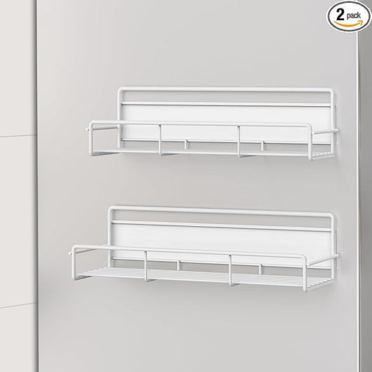 2 Pack Magnetic Spice Rack Organizer for Refrigerator and Microwave Oven, Metal Fridge Shelf for Kitchen, White
