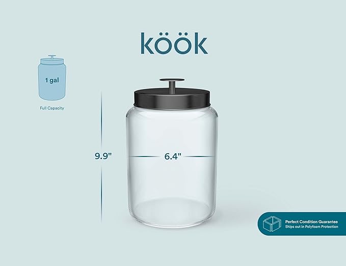 KooK Glass Storage Containers with Lids, Glass Jar with Lid, 1 Gallon, Set of 2, Glass Canister, Storage, Laundry, Kitchen Jar, (Circular, Black)
