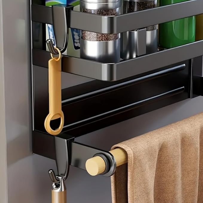 Magnetic Spice Rack for Refrigerator, Magnetic Shelf for Fridge Magnet Organizer Moveable Magnetic Paper Towel Holder with 8 Hooks for Kitchen Oven Space Saving (Black)