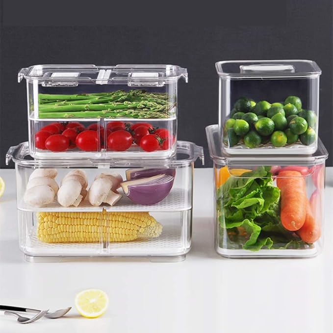SANNO Vegetable Fruit Storage Containers, Food Storage Containers Fridge Produce Save, Stackable Refrigerator Organizer Keeper Drawers Bins Baskets with Lids and Removable Drain Tray