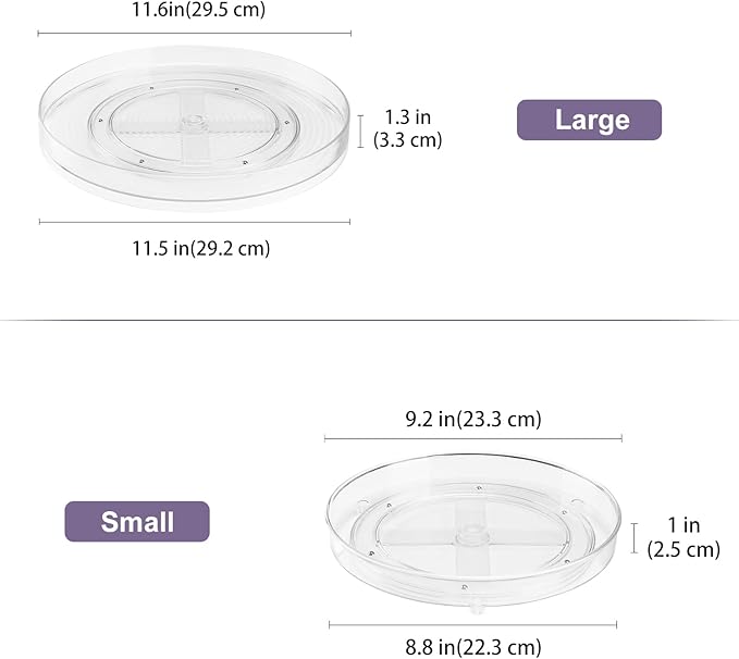 Puricon 2 Pack Clear Lazy Susan Turntable Organizer (12" & 9.25"), Plastic Rotating Tray Home Edit Lazy Susan Spice Rack Cabinet Organizer for Pantry Countertop Kitchen Fridge Bathroom -Low Edge