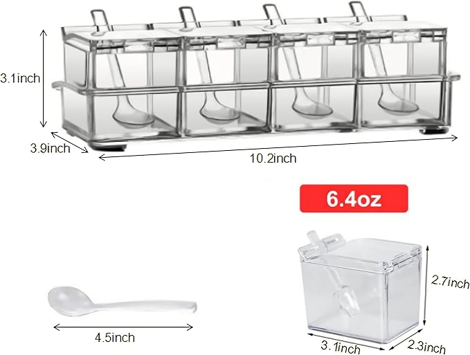 KNC Transparent Seasoning Rack Spice Pots, Storage Container Condiment Jars, 4 Piece Acrylic Seasoning Box with Cover and Spoon, Spice Rack Organizer for Kitchen, Counter, Food Storage