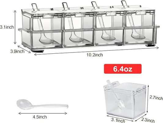 KNC Transparent Seasoning Rack Spice Pots, Storage Container Condiment Jars, 4 Piece Acrylic Seasoning Box with Cover and Spoon, Spice Rack Organizer for Kitchen, Counter, Food Storage