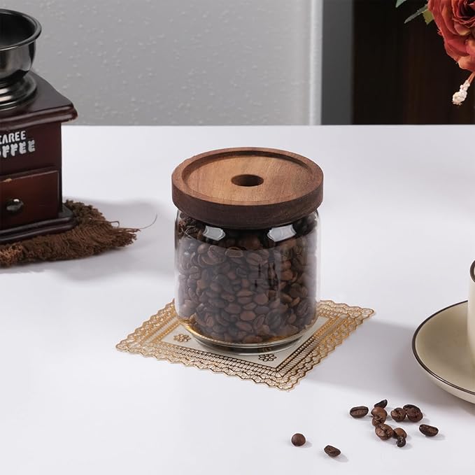 WHJY 2 pack 10oz Glass Storage Containers with Wooden Lids Airtight Food Canister for Tea Sugar Dry Goods Clear Coffee Jars for Kitchen Pantry
