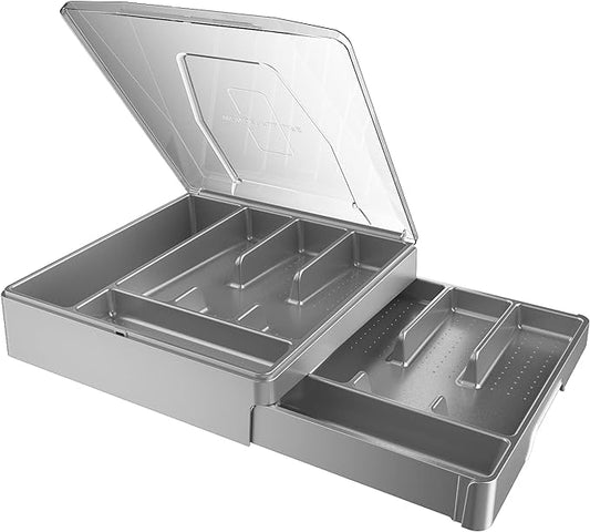 Double Layer Silverware Organizer with Lid, Utensil Holder with Cover, Flatware Cutlery Storage Oranizer, Gray
