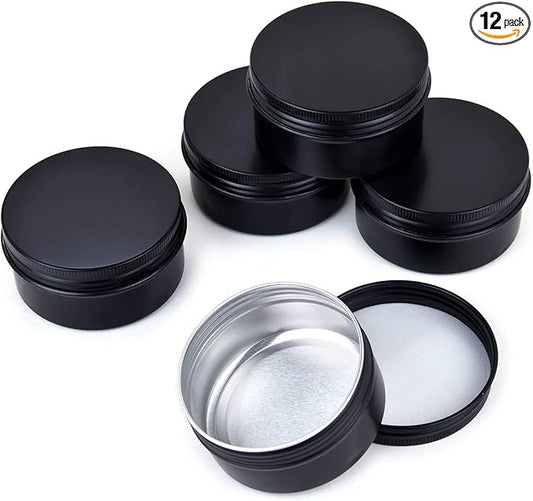 12 Packs 3 Oz Empty Jars 90ml Black Round Aluminum Tin Cans Screw Top Metal Steel Tins Lip Balm Tins Box Cosmetic Containers Storage Organization for Candles Salve Crafts Spice Tea Gift