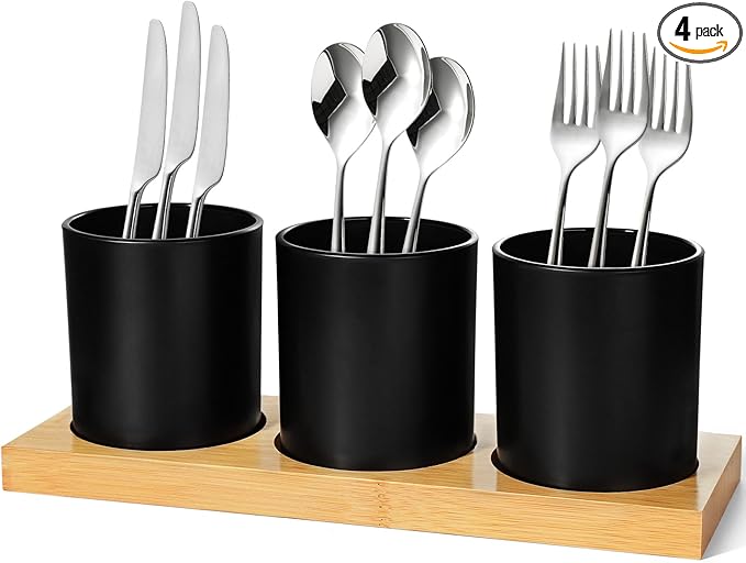 Silverware Organizer Countertop, 4 Pieces Utensil Holder for Kitchen Counter, Silverware Caddy for Party with Bamboo Tray, Farmhouse Black Utensil Holder Storage Organizer
