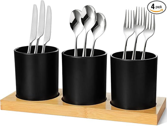 Silverware Organizer Countertop, 4 Pieces Utensil Holder for Kitchen Counter, Silverware Caddy for Party with Bamboo Tray, Farmhouse Black Utensil Holder Storage Organizer