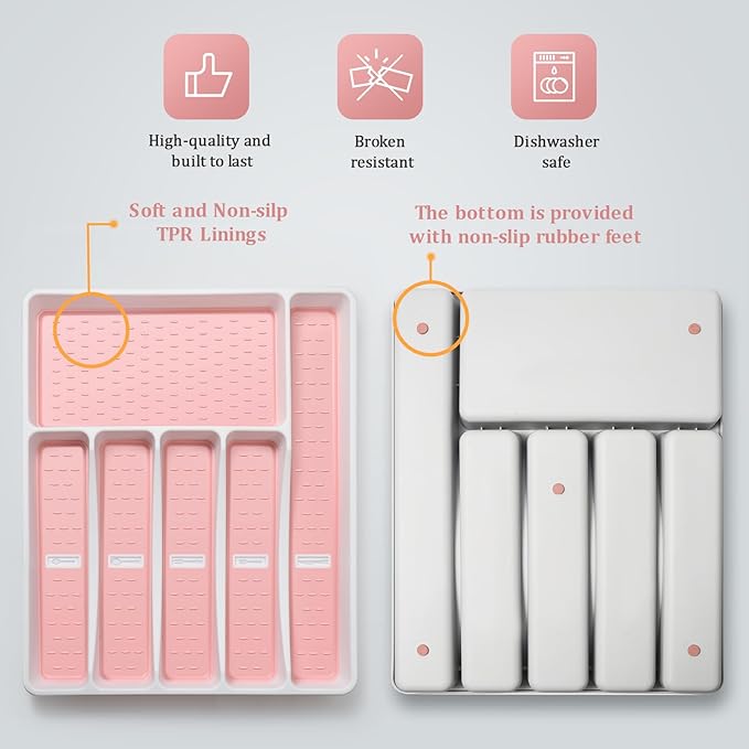 Silverware Organizer with Cutlery Icons，Pink Kitchen Silverware Tray for Drawer，Plastic Flatware Tableware Cultery Drawer Organizer Utensil Organizer with Non-slip TPR Linings，6-Compartment，Pink