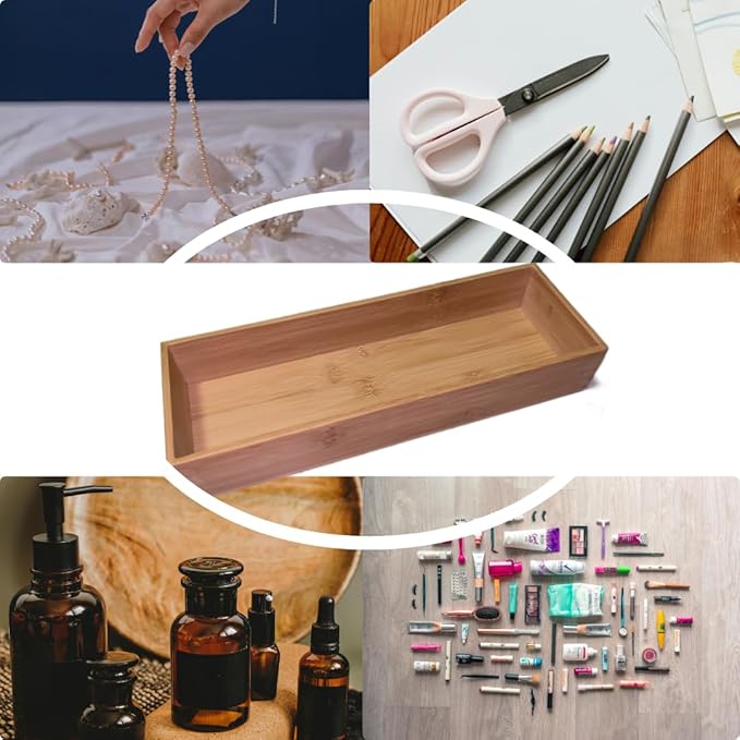 Bamboo drawer organizer Kitchen Utensil Organizer Cutlery Box for Dresser Makeup Tool Office Desk Supplies Storage and Accessories 12"x 4"x 2"