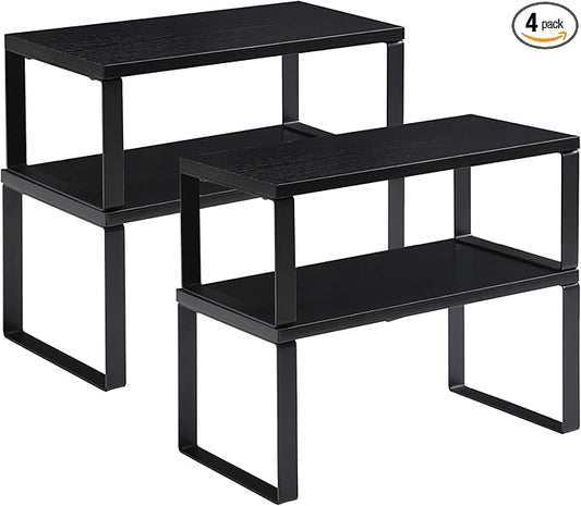 YMYNY Cabinet Shelf Organizer, Spice Racks Set of 4, Kitchen Counter Shelves, Stackable, Wood, Cupboard Organizer for Dishes, Seasoning, Cans, Coffee Mugs, Black, HSR002B-2