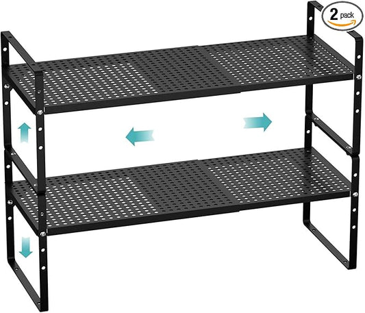 Cabinet Organizer Shelf Expandable Spice Rack Cabinet Organization Shelves Stackable Storage Shelves Space Saving Countertop Cabinet Pantry Bathroom Organizer,Black,2 Packs