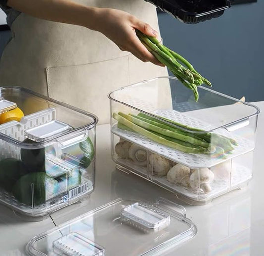 Produce Saver Lettuce Container, Refrigerator Organizer Bins Fridge Food Storage Containers with Lids and Removable Drain Tray for Freezer Cabinet Kitchen Organization 2800ML -2 Pack