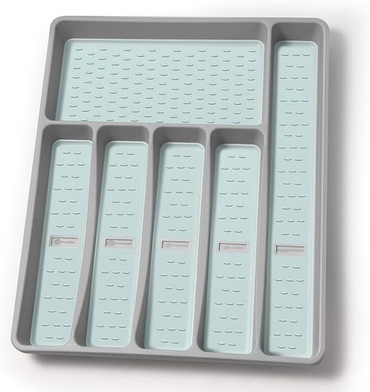 Silverware Organizer with Cutlery Icons，Silverware Tray for Kitchen Drawer，Plastic Flatware Tableware Cultery Drawer Organizer Utensil Organizer with Non-slip TPR Linings，6-Compartment
