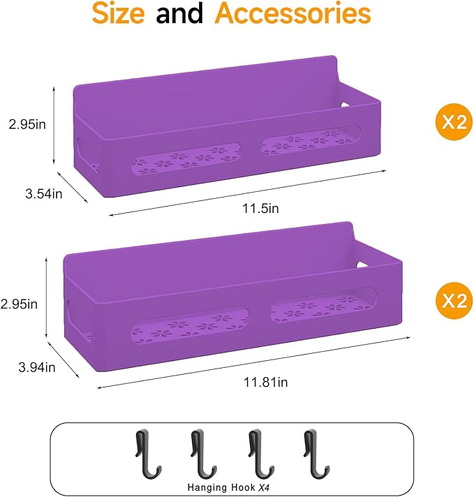 4 Pack Magnetic Spice Rack for Refrigerator, Spice Rack Organizer, Moveable Magnetic Shelf Fridge Organizer with 4 Hooks for Kitchen and Oven Organization, Black, Purple