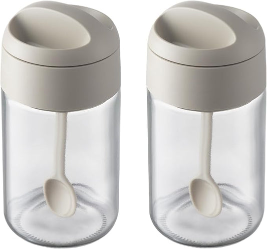 Sugar and Salt Container Set,Glass spice jars with Spoon,8.5 oz Sugar Bowl,for Kitchen Counter Keeping Sugar,Salts,Spice,Sauce