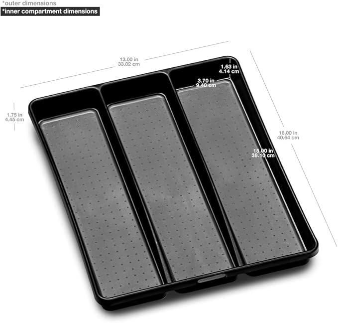 madesmart Premium Antimicrobial Classic Large Utensil Tray, Soft Grip, Non-Slip Kitchen Drawer Organizer, 3 Compartments, Multi-Purpose Home Organization, EPA Certified, Carbon