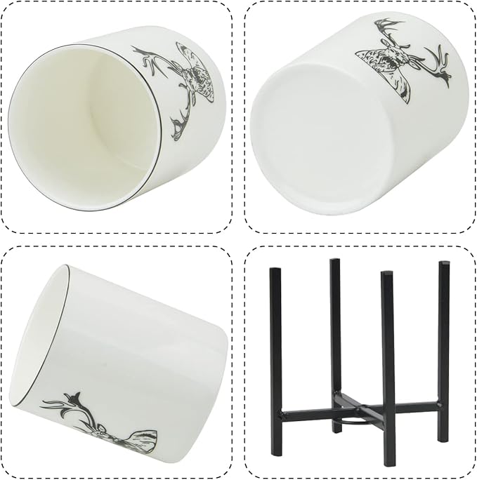Ceramic Utensil Holder for Countertop, Farmhouse Kitchen Decor for Flatware, SAMAZAMA Utensil Caddy 2 Pcs Set, Rustic Utensil Organizer for Kitchen, Black Deer Pattern