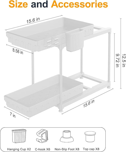 2 Pack Double Sliding Under Sink Organizers and Storage, 2 Tier Under Bathroom Cabinet Shelf Organizer with Hooks Hanging Cup, Home Organization, White