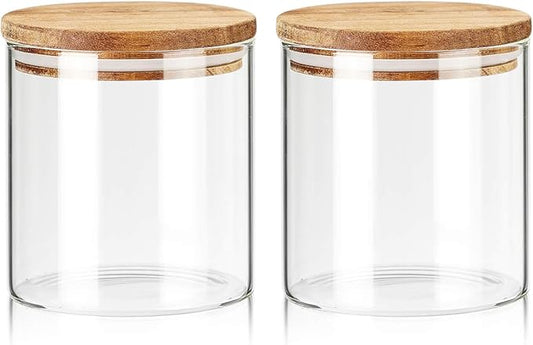 Labina Glass Storage Container Airtight Food Jars Kitchen Canister with Wood Lids, 20 Oz Wide Mouth Pantry Organization Glass Jar for Flour, Sugar, Cookie, Spagetti, Candy and Nuts (2 Pack)