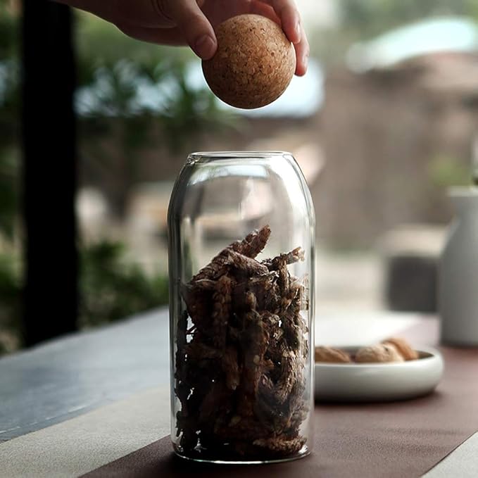 1200ML/40Oz Clear Glass Storage Cute Canister Holder Ball Wood Cork Top, Modern Decorative Cylinder Container Jar with Round Lid for Coffee, Spice, Candy, Salt, Cookie Cool Terrarium Bottle