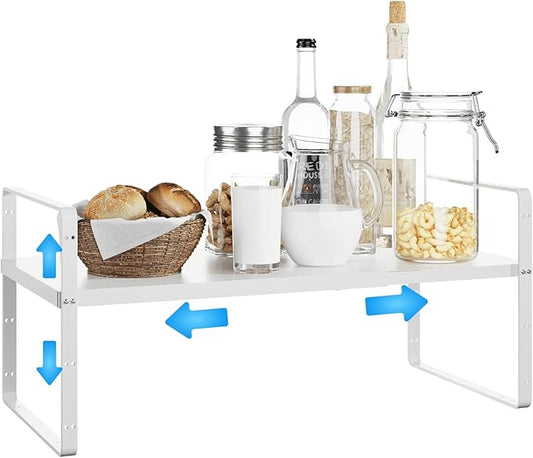 Expandable Cabinet Shelf Organizer, Stackable Kitchen Pantry Counter Storage, Adjustable Closet Cupboard Stand Rack Risers Spice Organization 80LBS Heavy Duty White Small 1 Pack