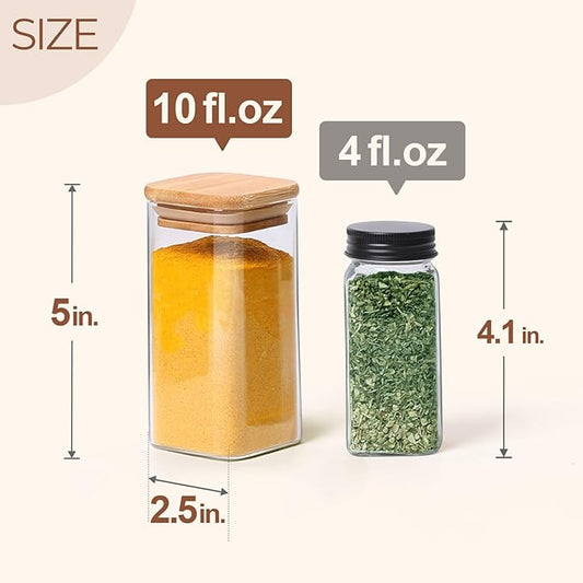 ComSaf 6Pcs 10 oz Spice Jars with Label Trial Set, Glass Condiment Jars with Bamboo Lids Supplementary, Spice Container Trial Set, Perfect for Ktichen Starter