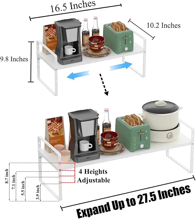 Expandable Kitchen Cabinet Shelf Organizers, Stackable Metal Pantry Storage Shelves Rack, Adjustable Counter Spice Shelf for Cabinets, Countertop, Cupboard Organizers and Storage, White