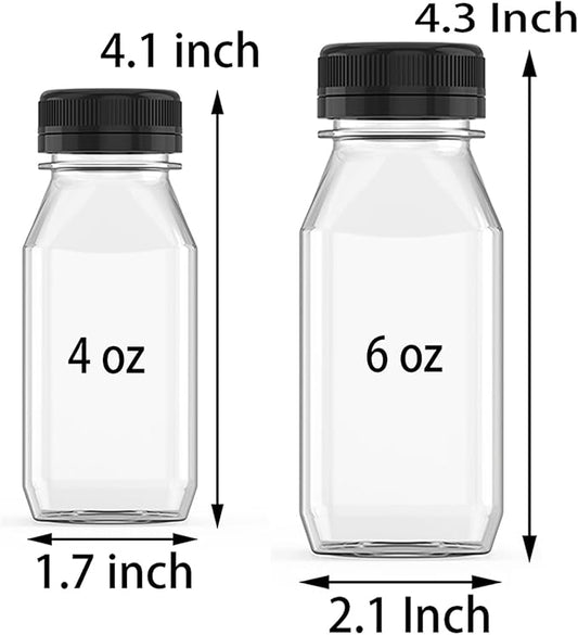10 Pcs 6 Ounce Plastic Juice Bottle Drink Containers Juicing Bottles with Black Lids, Suitable for Juice, Smoothies, Milk and Homemade Beverages