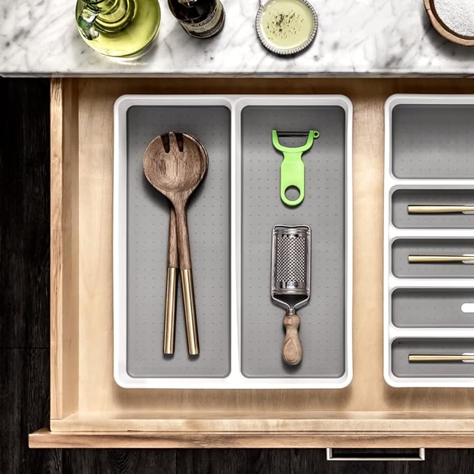 madesmart Premium Antimicrobial Classic Large Utensil Tray, Soft Grip, Non-Slip Kitchen Drawer Organizer, 2 Compartments, Multi-Purpose Home Organization, EPA Certified, White