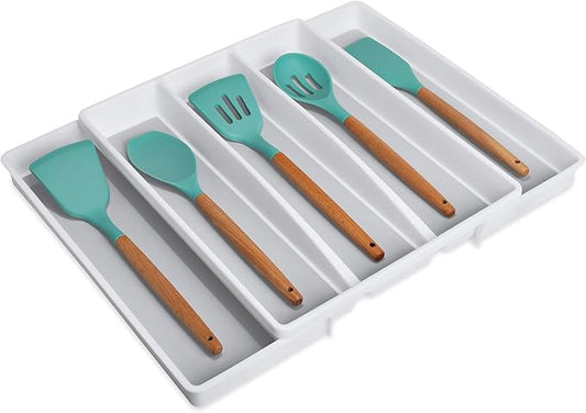 Smart Design Expandable 5 Compartment Plastic Drawer Organizer - Non-Slip Lining and Feet - BPA Free - Utensils, Flatware, Office, Personal Care, or Makeup Storage - Kitchen - White with Gray